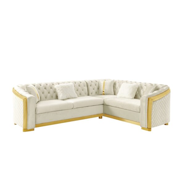 Shaped Chesterfield Sectional Sofa With Stainless Steel Accents Velvet Button Tufted Sofa With 5 Pillows Luxury Couch For Living Room - Beige