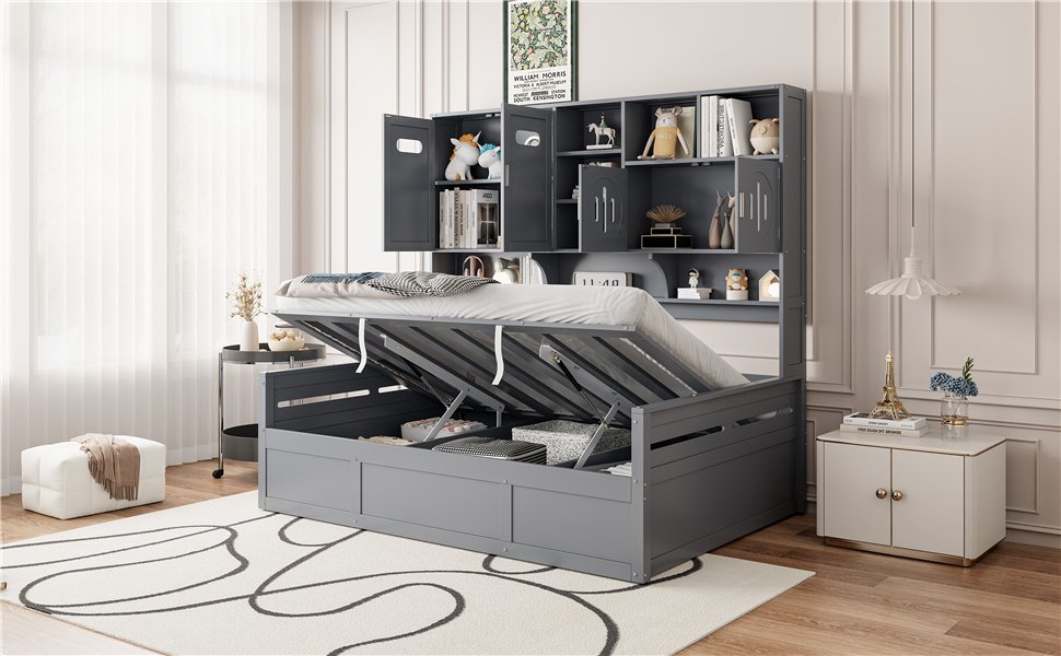 Full Size Wooden Daybed With Hydraulic Bed And All In One Cabinet And Shelf - Gray - Image 15