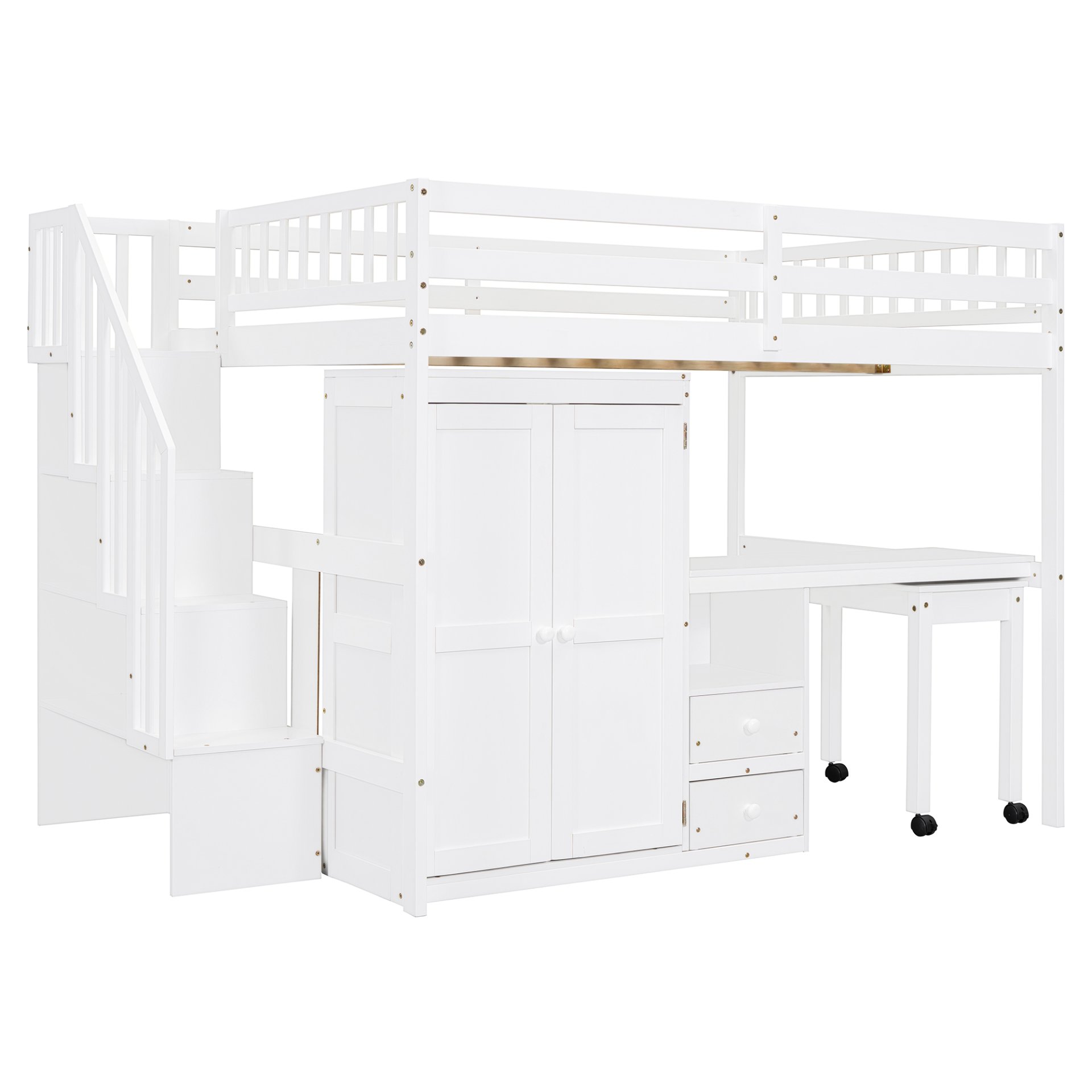 Full Size Loft Bed With Stairs, Bookshelf, Drawers, Desk & Wardrobe, Space Saving Multifunctional Furniture - White - Image 17