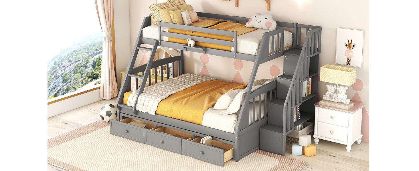 Twin Over Full Bunk Bed With Drawers, Ladder And Storage Staircase - Gray - Image 16