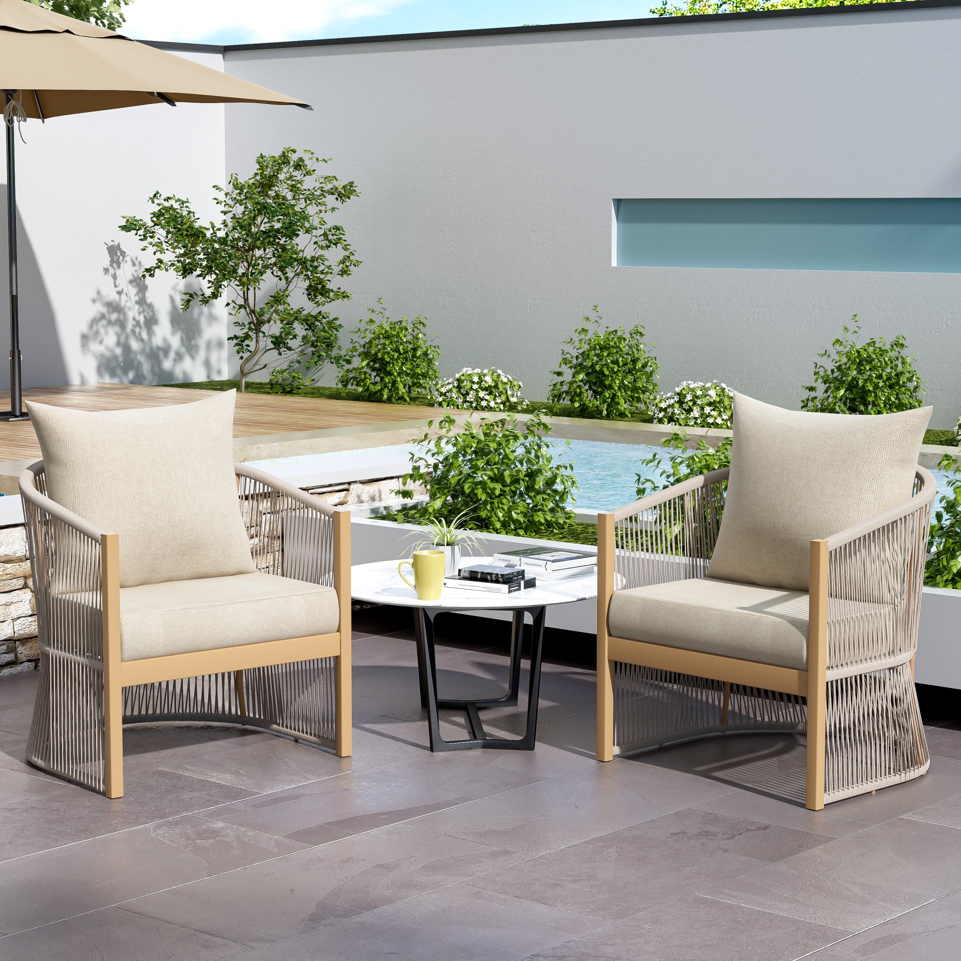 Modern Curved Aluminum Lounge Chair With Stylish Rope Weave Design And Cushioned Comfort - Beige / Natural - Image 14