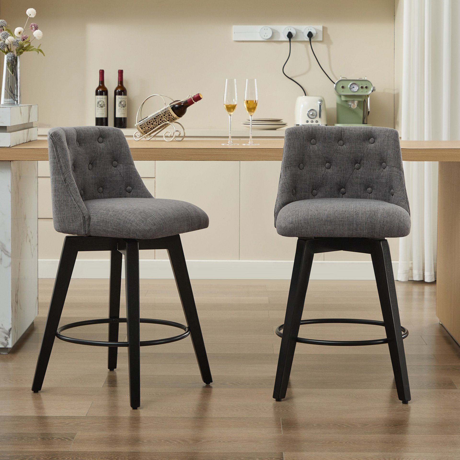 Swivel Bar Stools (Set of 2) Modern Counter Height Stools With Linen Upholstery & Button Tufted Back For Kitchen Island, Breakfast Bar Or Home Pub - Dark Gray - Image 8