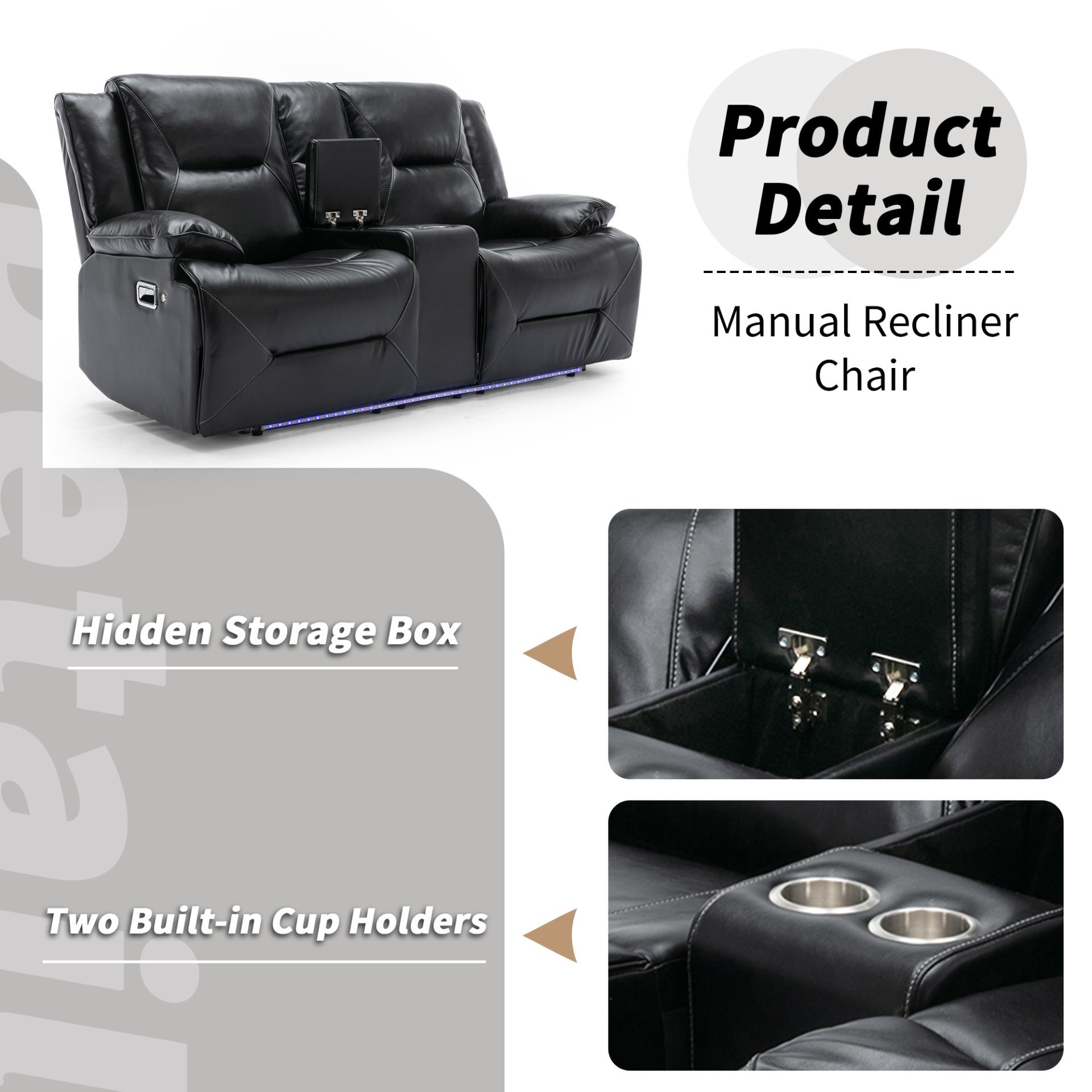 2 Seater Home Theater Recliner Manual Recliner Chair With A Led Light Strip Two Cup Holders And A Storage Box For Living Room - Black - Image 4