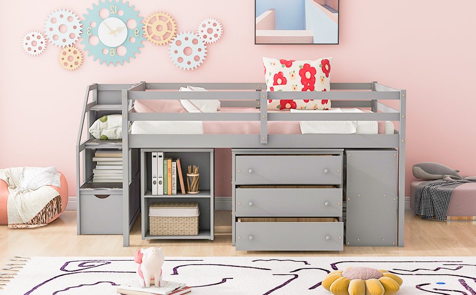Full Size Loft Bed With Retractable Writing Desk And 3 Drawers With Storage Stairs And Shelves - Gray - Image 20