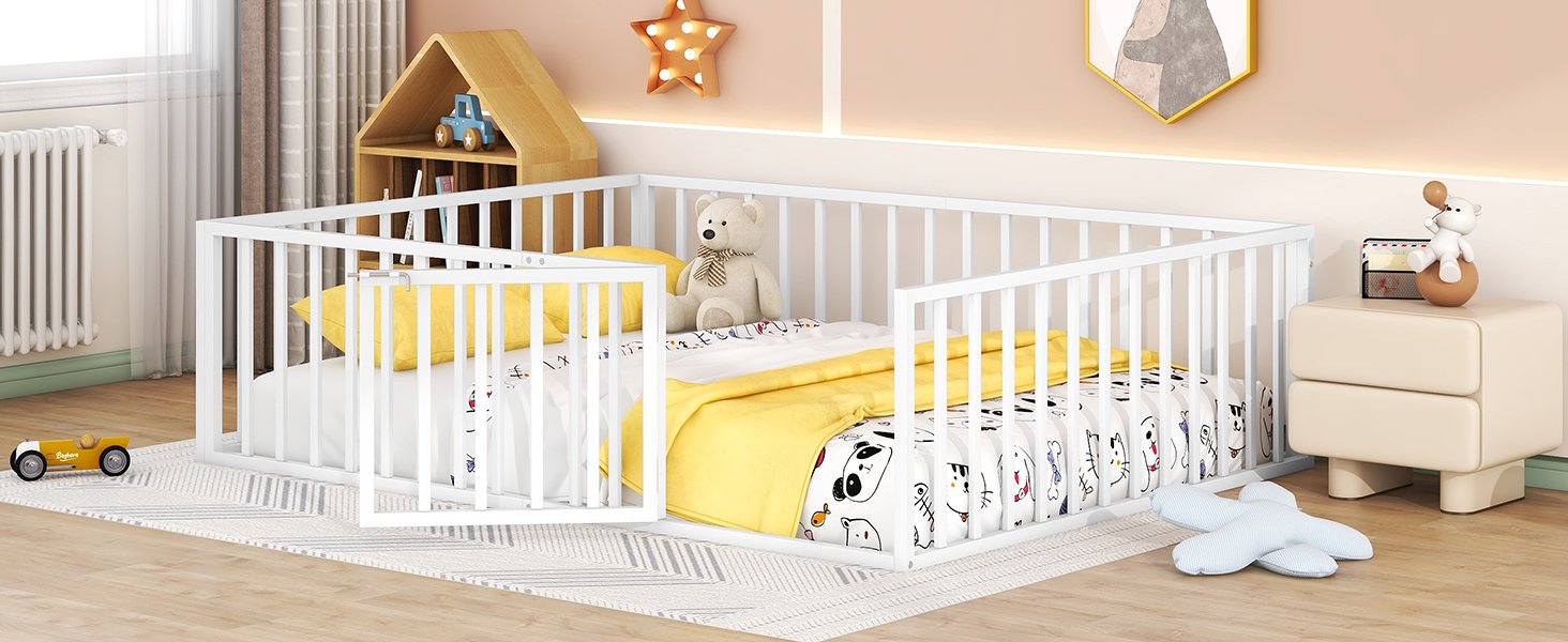 Queen Size Floor Bed Frame With Fence And Door - White - Image 15