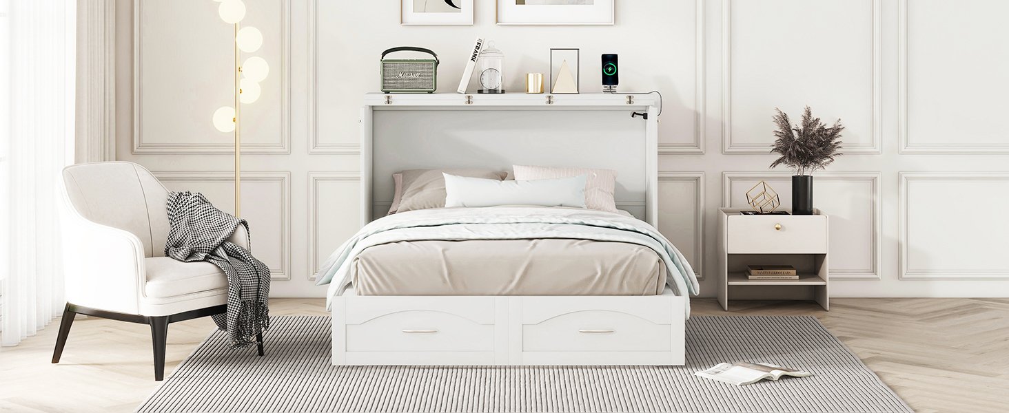 Full Size Murphy Wall Bed With Drawer And A Set Of Sockets & USB Ports, Pulley Structure Design - White - Image 16