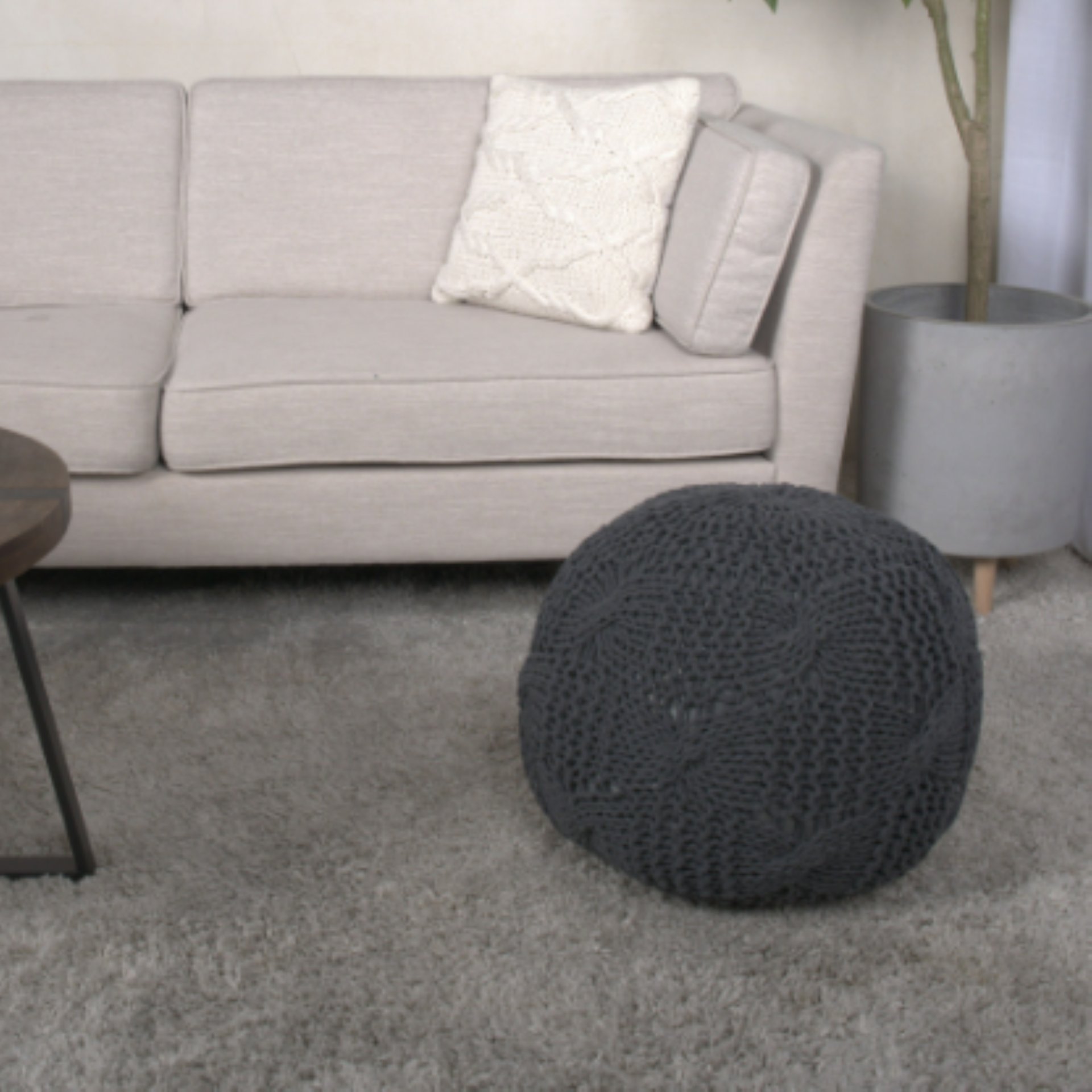 Bordeaux - Knitted Cotton Round Pouf, Multi Purpose Home Accessory - Dark Gray - Image 2