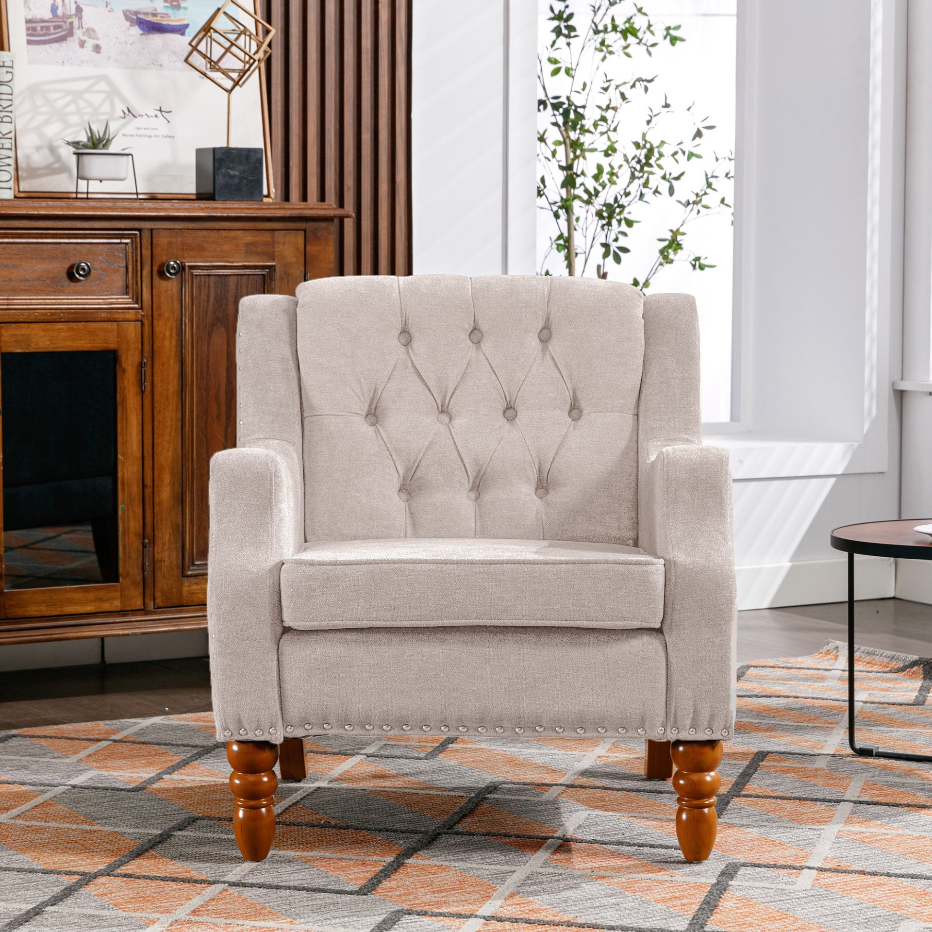 Accent Chair, Living Room Chair, Footrest Chair Set With Vintage Brass Studs, Button Tufted Upholstered Armchair For Living Room, Comfy Reading Chair For Bedroom, Reception Room - Beige - Image 5