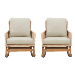 Contemporary Minimalist Wicker Rocking Chair With Soft Polyester Cushions And Durable Wooden Frame - Beige