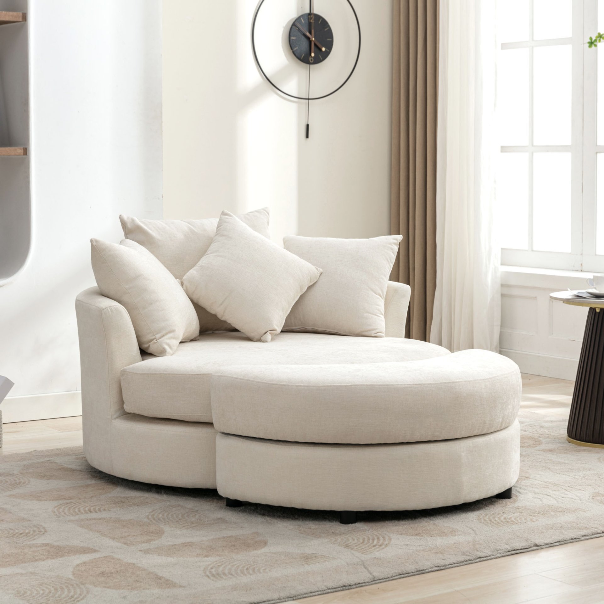 360° Swivel Accent Barrel Chair With Storage Ottoman & 4 Pillows, Modern Chenille Leisure Chair Round Accent For Living Room - Cream - Image 23