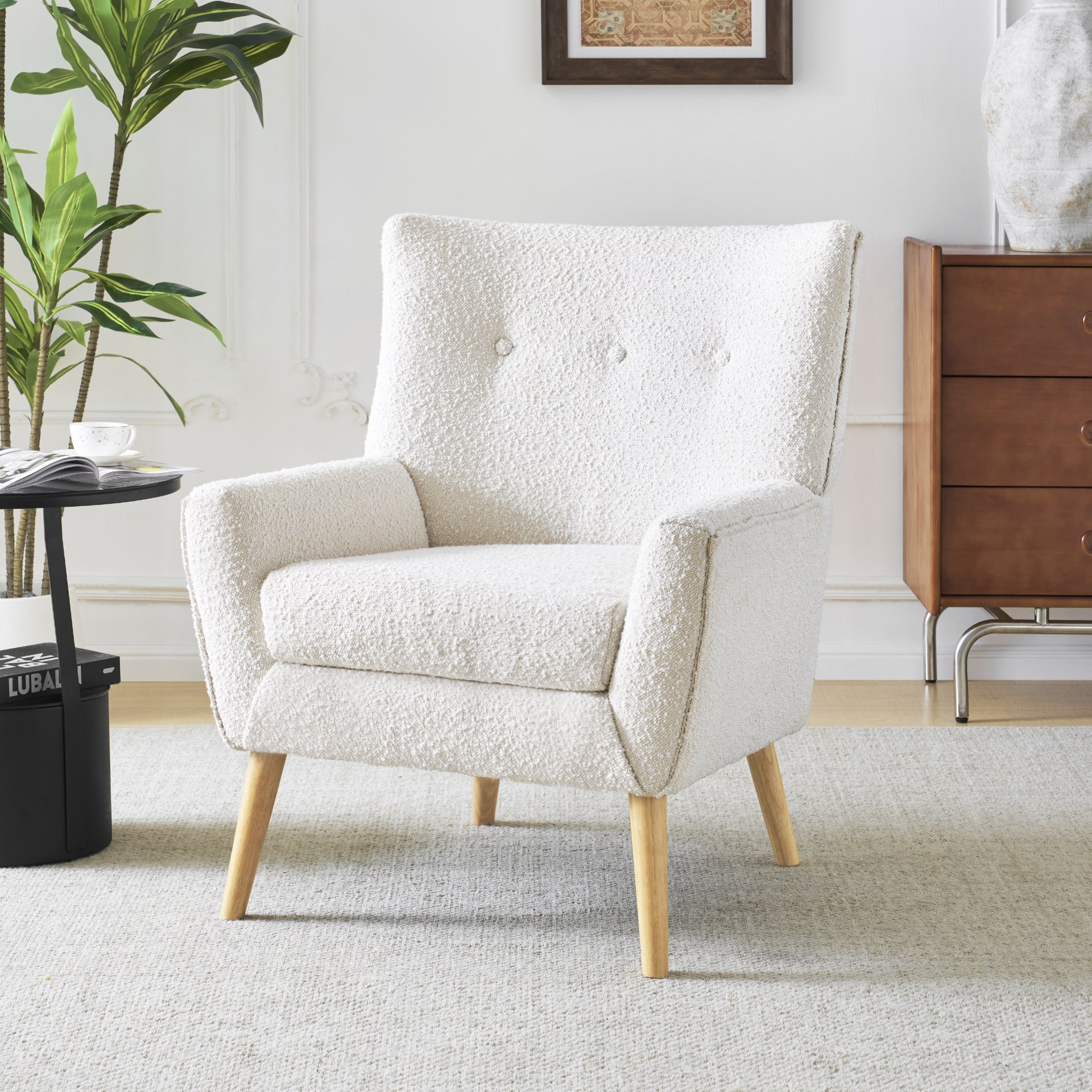 Ergonomic Accent Chair With Button Tufted Design And Rubber Wood Legs - Almond - Image 6