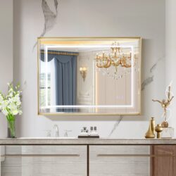 LED Bathroom Beveled Mirror, 3000 - 6000K Gradient Front And Backlit LED Mirror For Bathroom, 3 Colors Dimmable, Ip54 Enhanced Anti - Fog, Hanging Plates Wall Mount Lighted Mirror - Gold