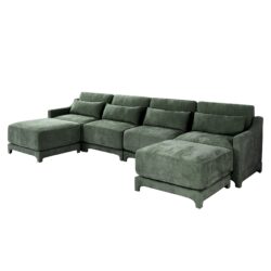Elegant Four Seater Sofa With Movable Ottoman Lumbar Pillow Frame - Green