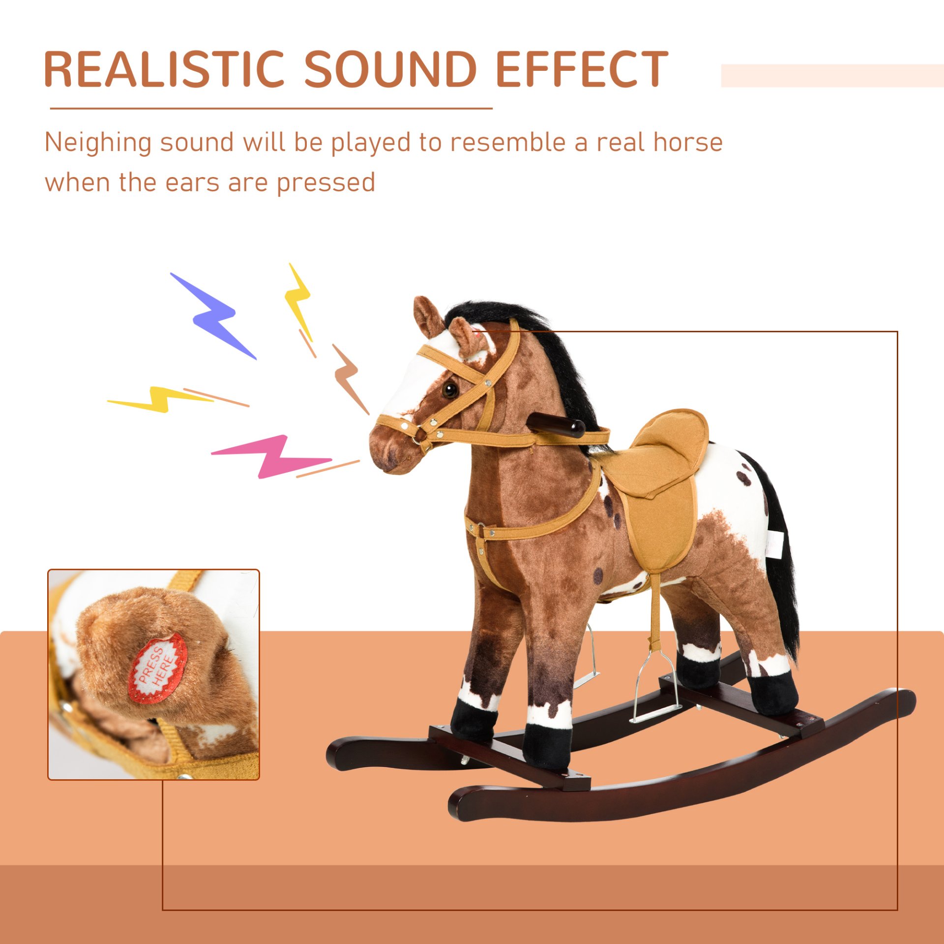 Qaba - Kids Metal Plush Ride-On Rocking Horse Chair Toy With Realistic Sounds - Dark Brown / White - Image 9
