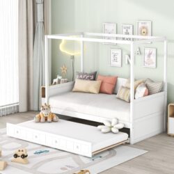 Twin Size Canopy Day Bed With Twin Size Trundle - White