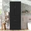 Bathroom Cabinet With 3 Drawers, Adjustable Shelf, Panels, Steel Handles, Soft Close Doors - Black - Image 2