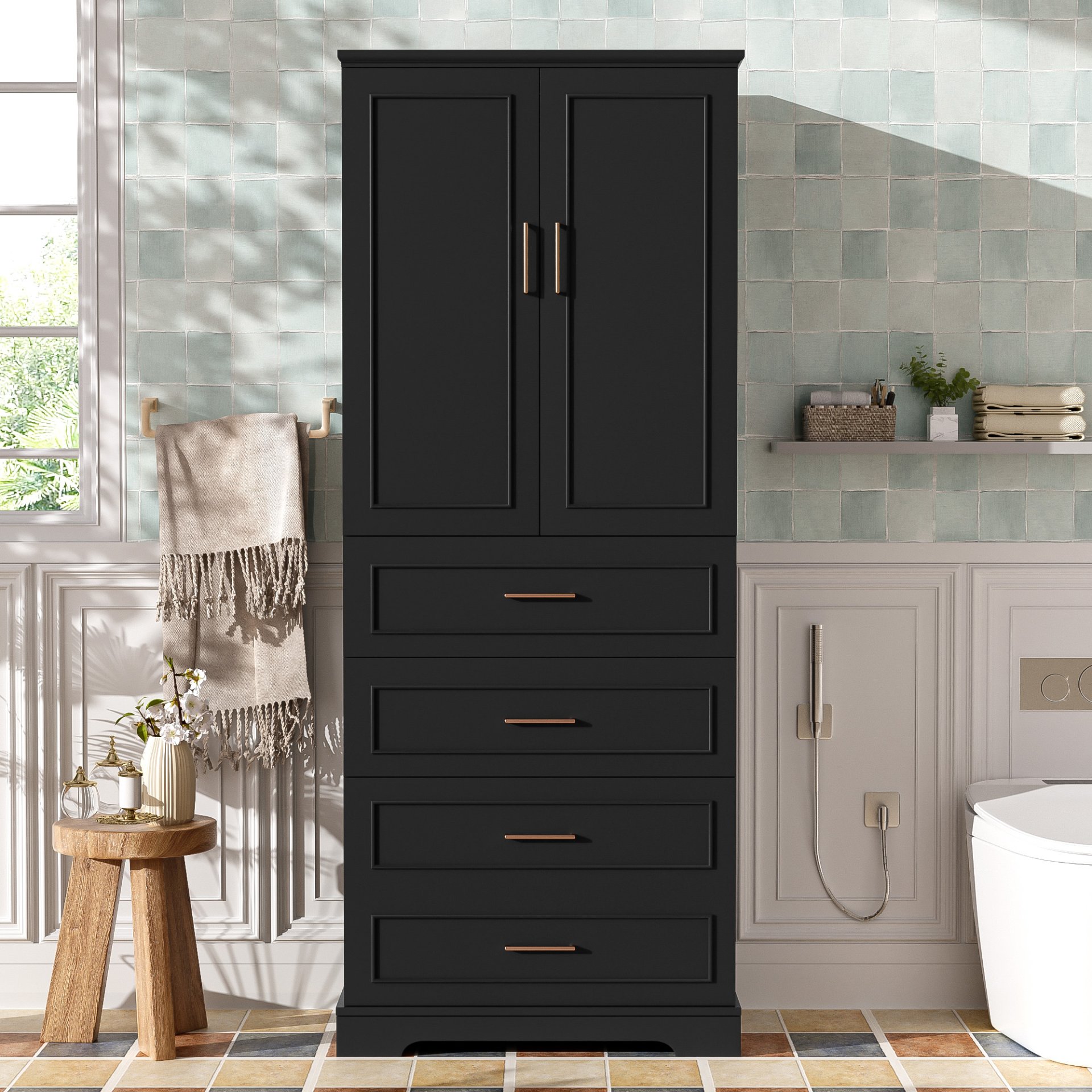 Bathroom Cabinet With 3 Drawers, Adjustable Shelf, Panels, Steel Handles, Soft Close Doors - Black - Image 2