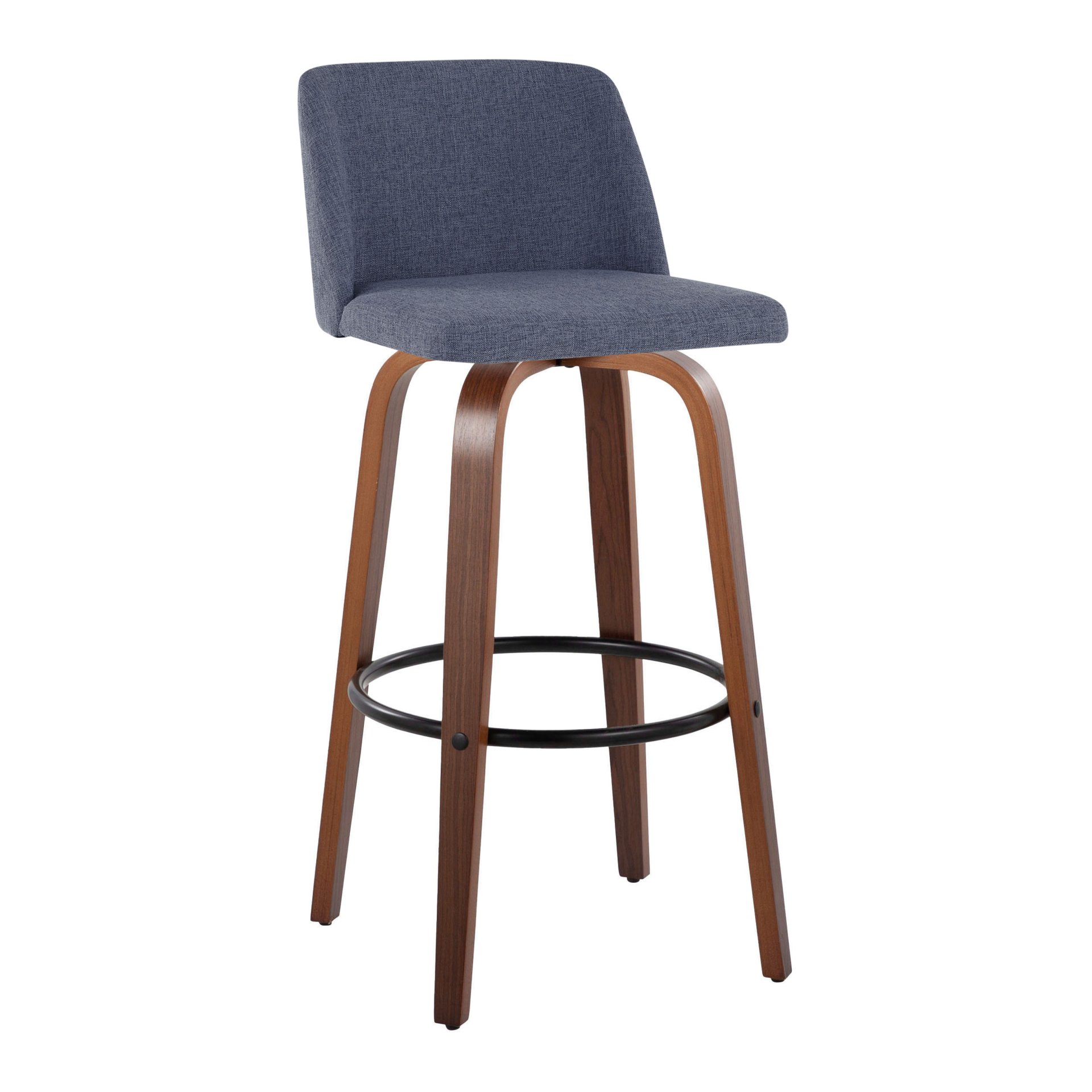 Toriano - Mid-Century Modern Fixed Height Barstool With Swivel With Round Footrest (Set of 2) - Walnut / Blue - Image 2