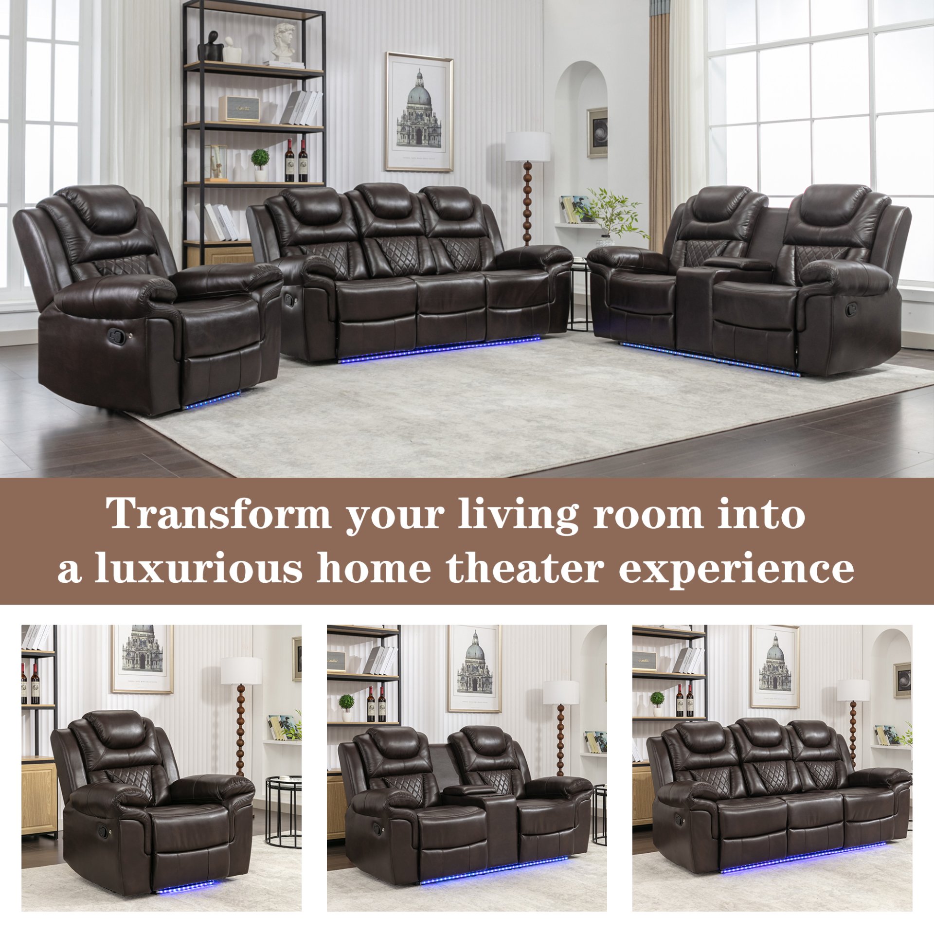 3 Pieces Recliner Sofa Sets Home Theater Seating Manual Recliner Chair With Center Console And Led Light Strip For Living Room - Brown - Image 10