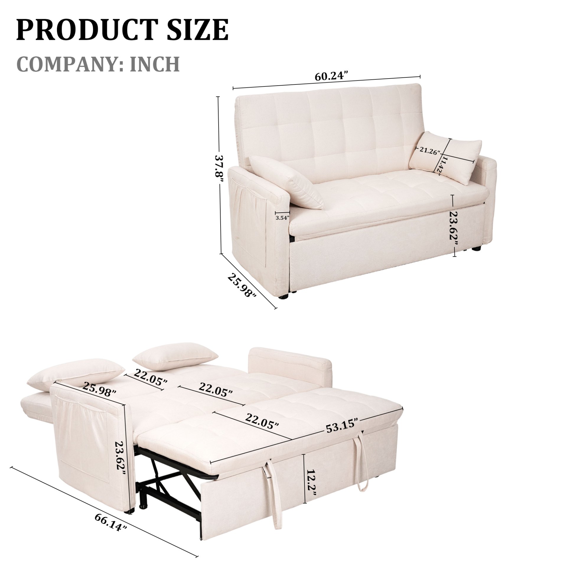 Balus - 2 In 1 Convertible Sofa Bed With Storage And Adjustable Backrest - Beige - Image 3