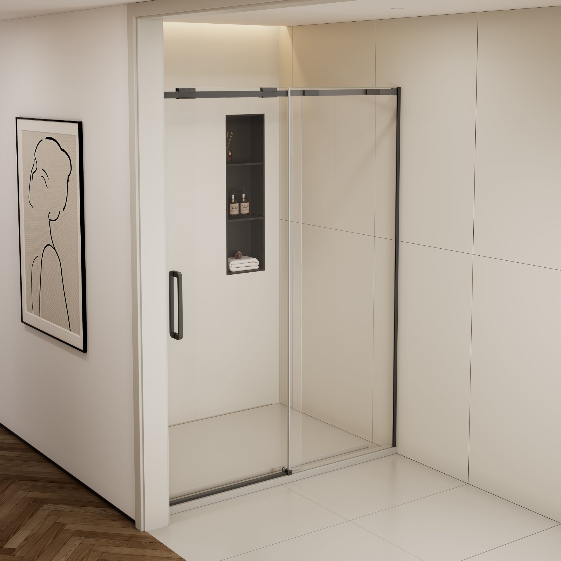 Semi Frame Single Sliding Shower Door, 304 Stainless Steel, 5 / 16" Tempered Clear Glass - Matte Black - Image 5