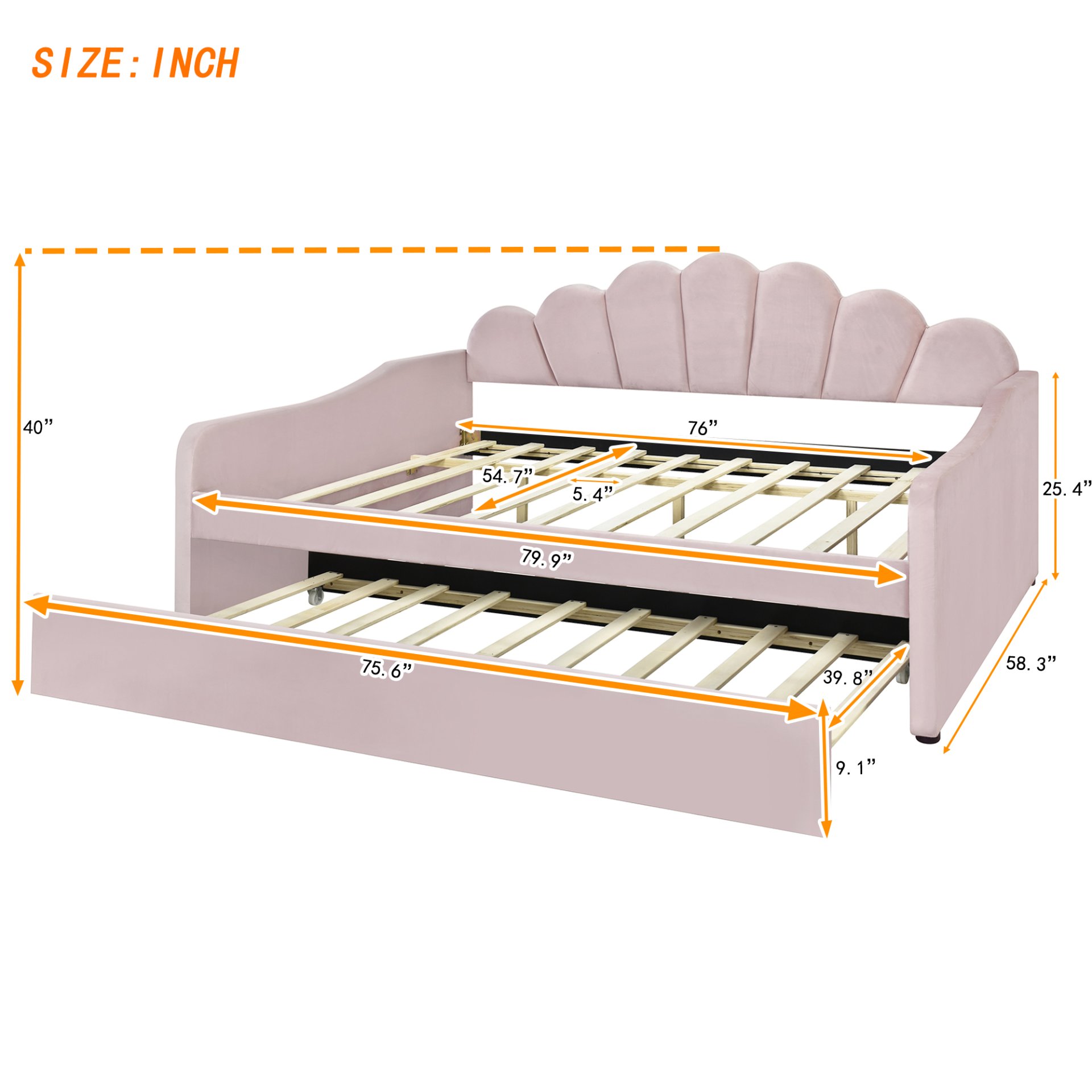 Full Size Upholstery Daybed Frame With Shell Shaped Backrest And Trundle - Pink - Image 3