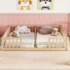 Double Twin Floor Bed With Fence, Guardrails, Without Door - Natural - Image 3