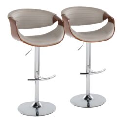 Symphony - Mid-Century Modern Adjustable Barstool With Swivel With Rounded T Footrest (Set of 2) - Chrome / Walnut / Gray