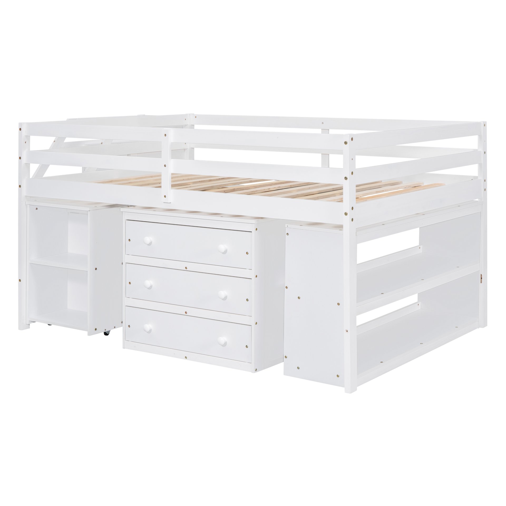 Full Size Loft Bed With Retractable Writing Desk And 3 Drawers With Storage Stairs And Shelves - White - Image 9