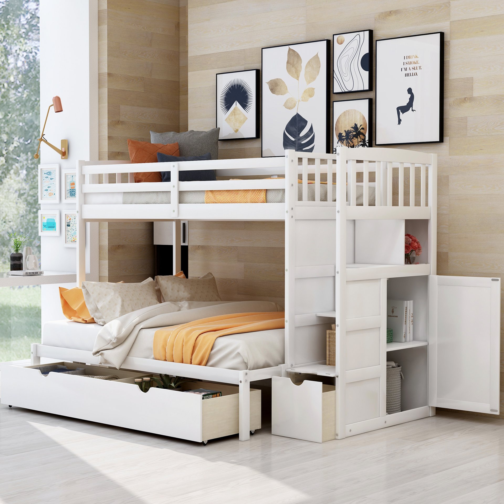 Twin Over Full / Twin Bunk Bed, Convertible Bottom Bed, Storage Shelves And Drawers - White - Image 2
