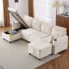 Sectional Sofa Pull Out Sofa Bed Versatile Sofa Sleeper With Large Storage Space, Two USB Ports And Two Cup Holders For Living Room - Beige - Image 17