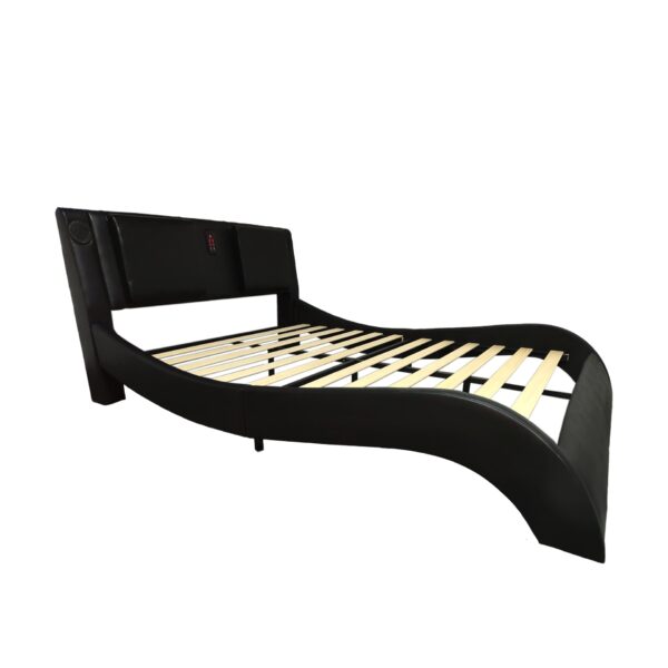 King Size Upholstered Platform Bed Frame With LED Lighting, Bluetooth Connection To Play Music Control, Backrest Vibration Massage, Curve Design, Wood Slat Support, Exhibited Speakers - Black