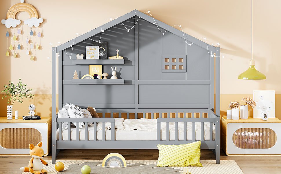 Twin Size House Bed With Shelves, Window And Sparkling Light Strip On The Roof - Gray - Image 21