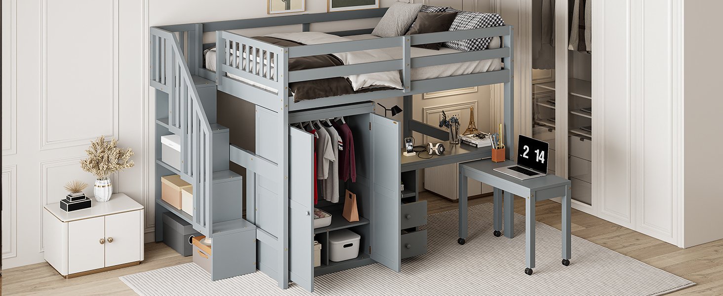 Full Size Loft Bed With Stairs, Bookshelf, Drawers, Desk & Wardrobe, Space Saving Multifunctional Furniture - Gray - Image 21
