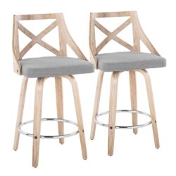 Charlotte - Farmhouse Fixed Height Counter Stool With Swivel With Round Footrest (Set of 2) - White Washed / Light Gray