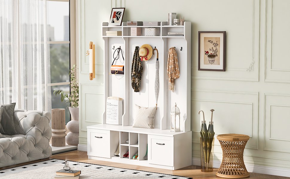 5 In 1 Entryway Bench With Coat Rack, 7 Sturdy Hooks, 2 Spacious Drawers And Adjustable Shelves, Wide Hall Tree With Metal Handles For Hallway - White - Image 7