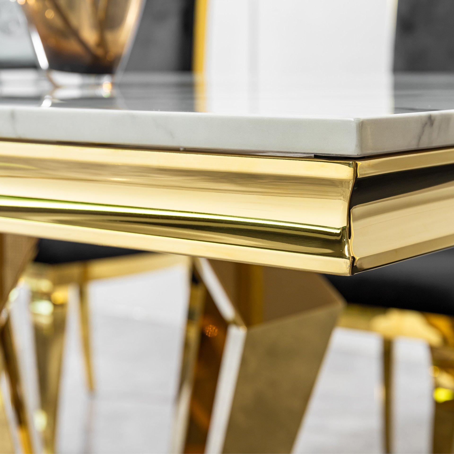 79.53 In. Elegant Marble Pattern Dining Table For 6 Or 8 Seats Polished Stainless Steel Base - Gold - Image 12