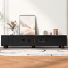 Modern TV Stand For TVs Up To 80", Entertainment Center With Glass Door, TV Storage Cabinet With Solid Wood Legs And Metal Handles For Living Room - Black - Image 3