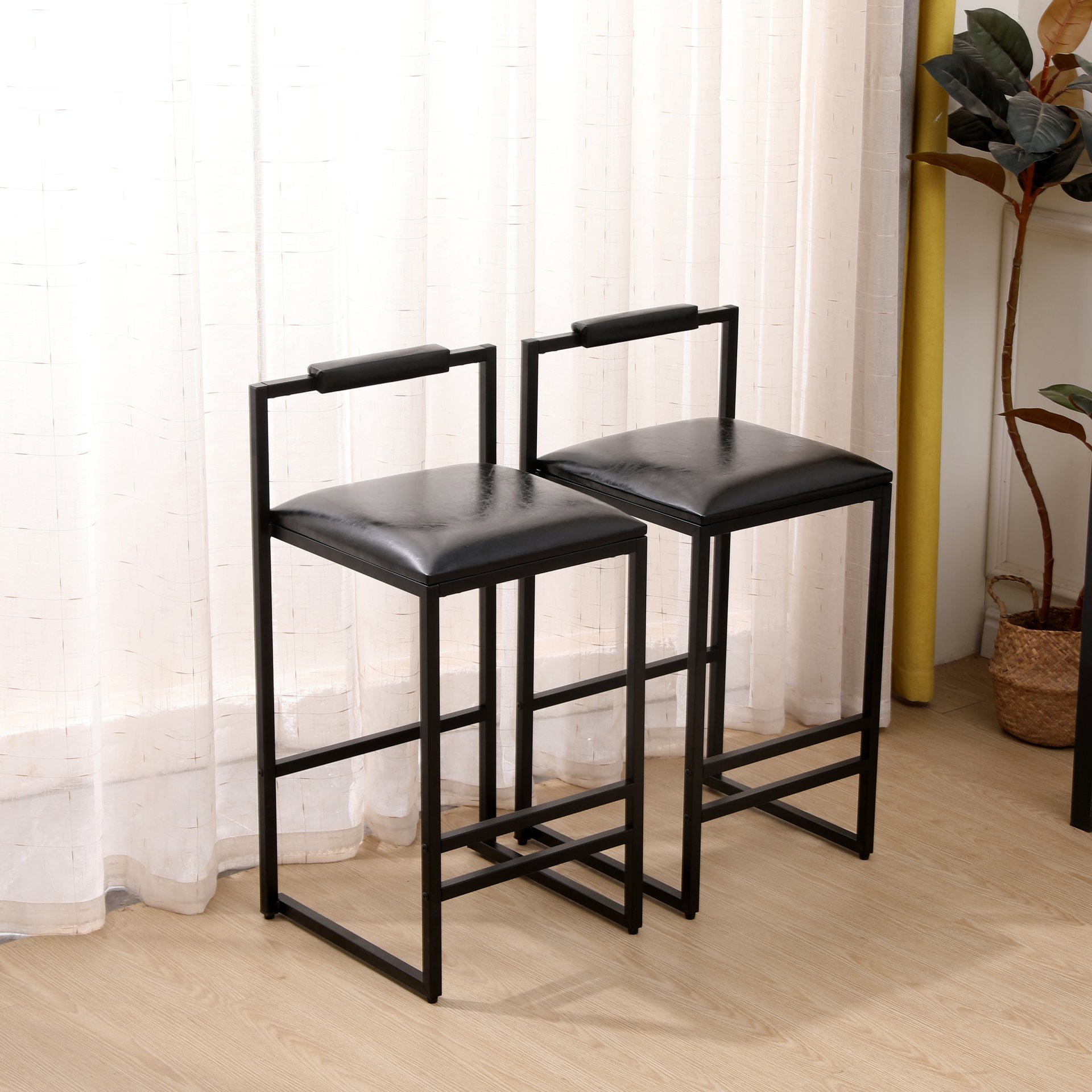 Elegant Bar Stool Set With Backrest And Footrest, Upholstered, Iron Frame, Counter Height - Black - Image 2