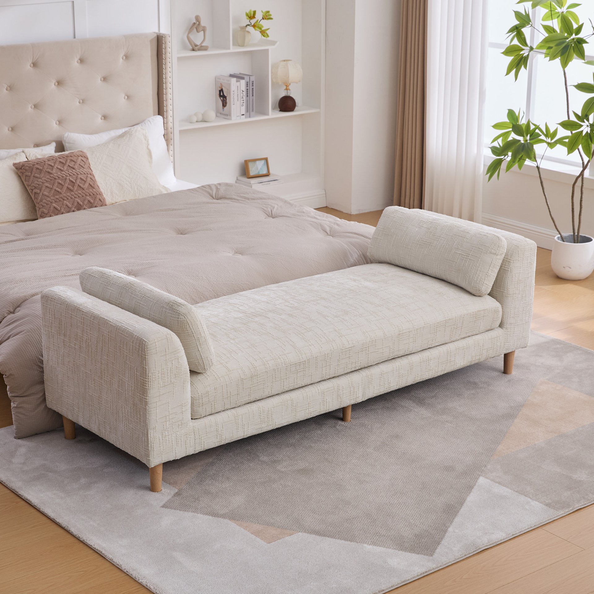 Modern Upholstered End Of Bed Bench With Armrests, Chenille Chaise Lounge Couch With Bolster Pillows, Rubberwood Legs - Beige - Image 2