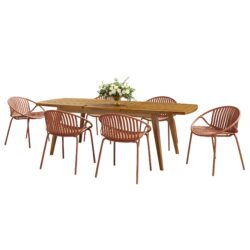 Modern Outdoor 7 Piece Expandable Dining Set With Stackable Chairs - Orange / Teak