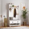 3 In 1 Hallway Hall Tree With Cushion, Storage Drawers, Hooks Shelves - White - Image 2