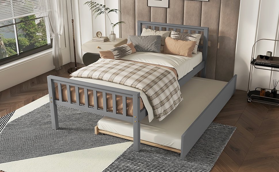 Twin Bed With Trundle, Platform Bed Frame With Headboard And Footboard, For Bedroom Small Living Space, No Box Spring Needed - Gray - Image 5