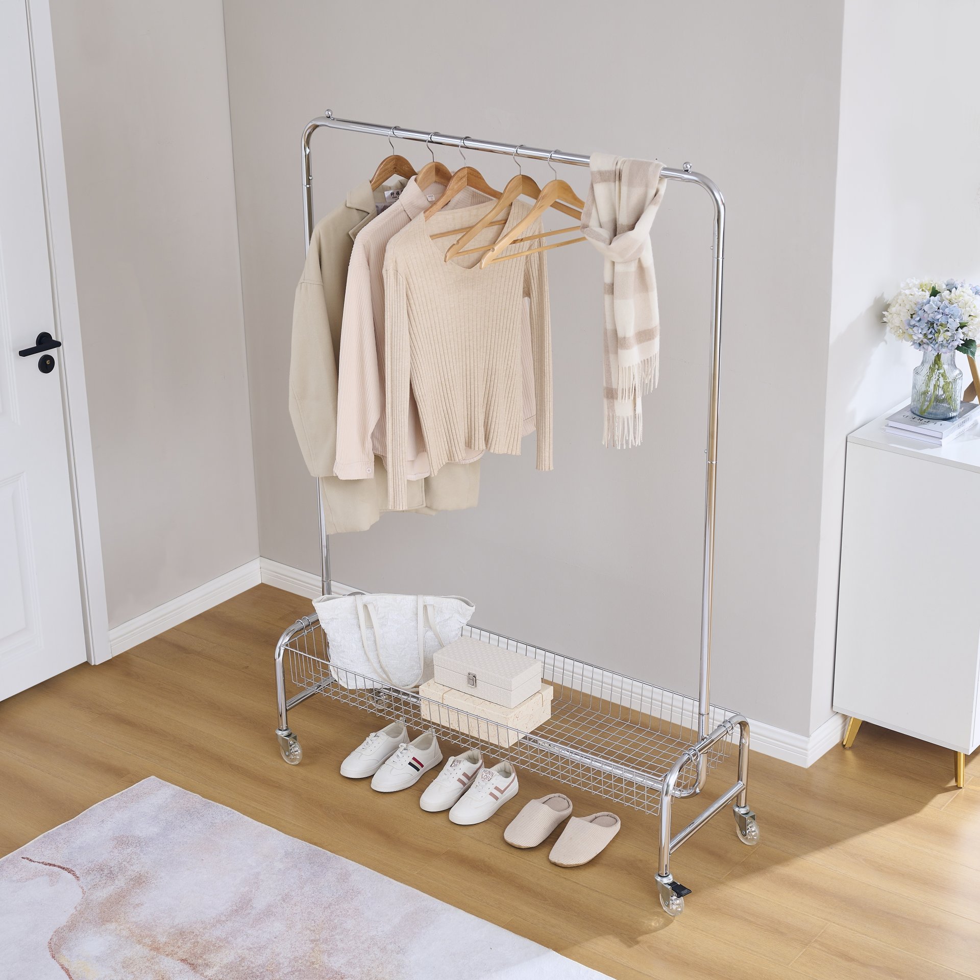 Heavy Duty Iron Garment Rack With Basket On Wheels - Silver - Image 2