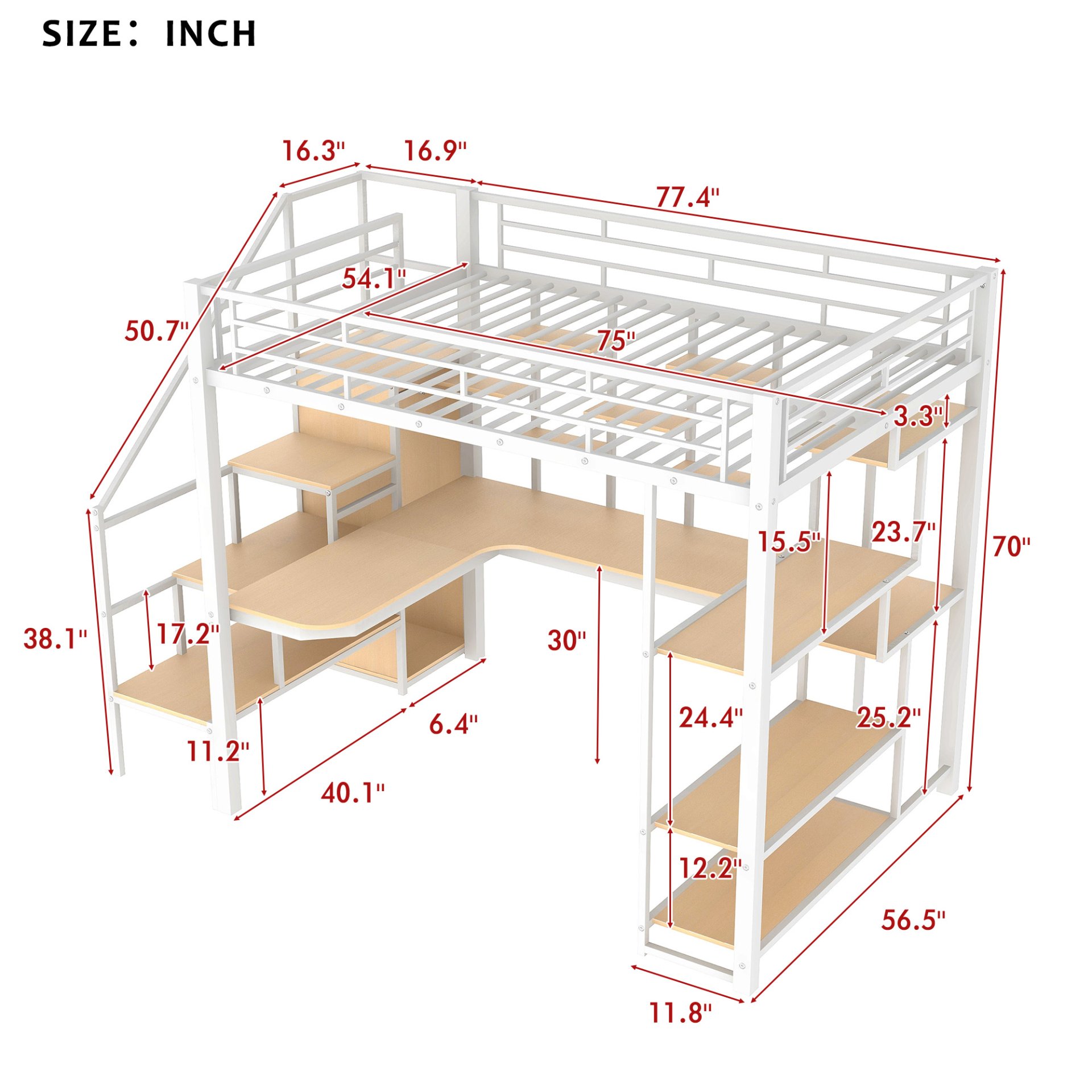 Full Size Metal Loft Bed With Storage Staircase And Small Wardrobe, Built - In Desk And Storage Shelves - White - Image 3