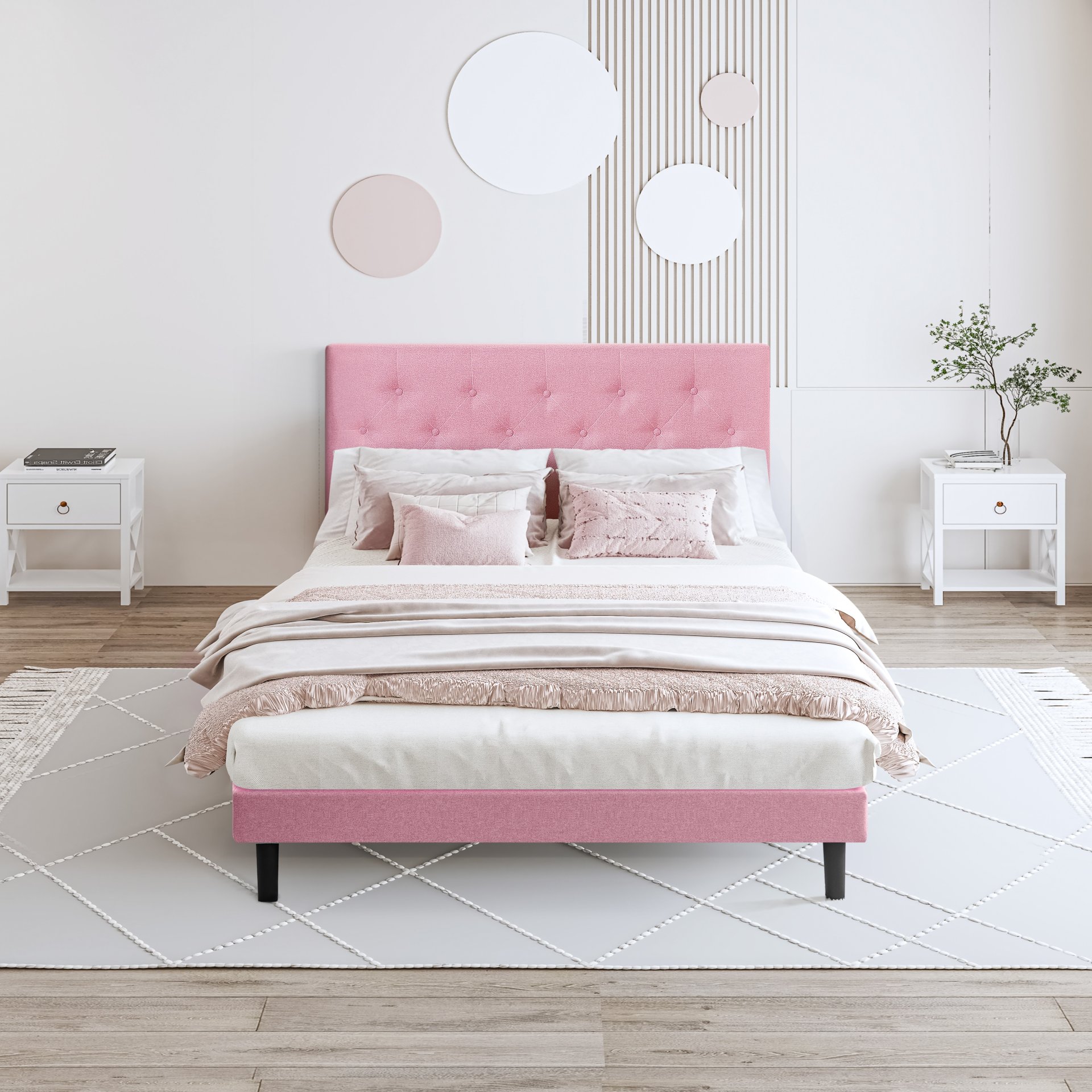 Modern Upholstered Queen Size Platform Bed Frame With Button Tufted Linen Headboard - Pink - Image 2