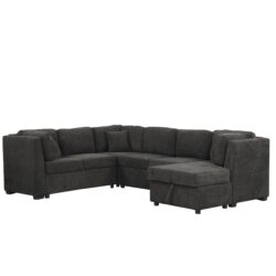 U-Shaped Sectional Sofa Pull Out Sofa Bed With Two USB Ports, Two Power Sockets, Three Back Pillows And A Storage Chaise For Living Room - Black