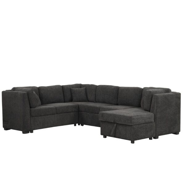 U-Shaped Sectional Sofa Pull Out Sofa Bed With Two USB Ports, Two Power Sockets, Three Back Pillows And A Storage Chaise For Living Room - Black