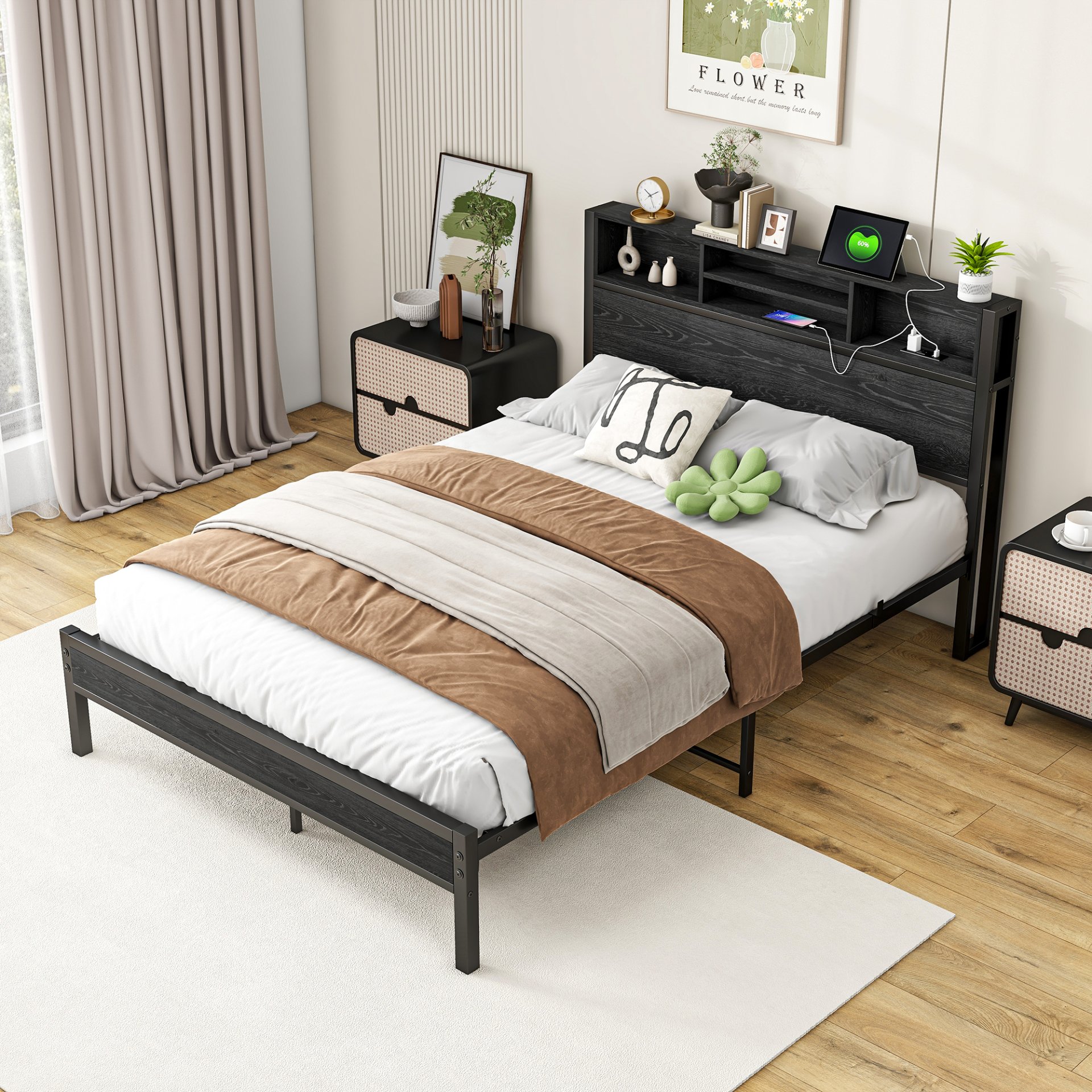 Modern Full Size Metal Platform Bed Frame With Storage Headboard And Charging Station - Black - Image 4