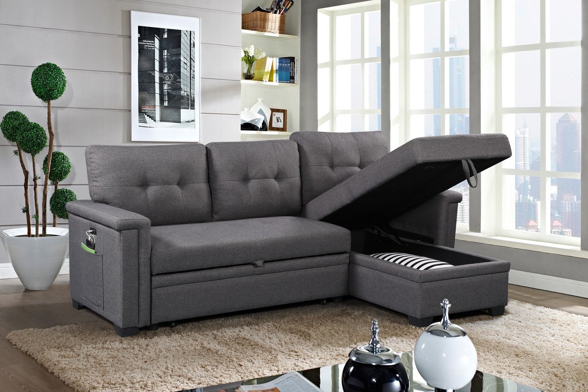 Ashlyn - Reversible Sleeper Sectional Sofa With Storage Chaise, USB Charging Ports nd Pocket - Dark Gray - Image 5